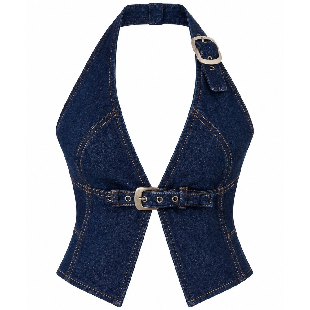 NWOT Edikted Ciel Denim Halter Top S Dark Blue Split Front Buckle Y2K